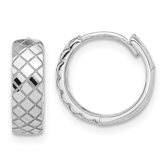 Kazi Luxury 14K White Gold Polished and Etched Hinged Hoop Earrings